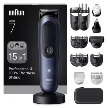 Elektrinė barzdaskutė BRAUN All-in-One AIO7580 — belaidė, įkraunama, skirta naudoti šlapiai ir sausai, 120 min. veikimo laikas, 21 ilgio pakopa, visam kūnui
