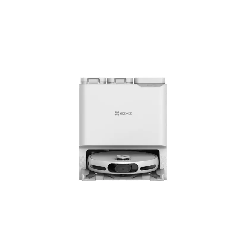 Robotų dulkių siurblys EZVIZ RS20 Pro — Li‑Ion 5200 mAh, 220 min veikimo laikas, 7200 Pa siurbimo galia, savaiminio ištuštinimo bazė, LiDAR navigacija, 0,35 l dulkių maišelis, šlapias valymas, baltas