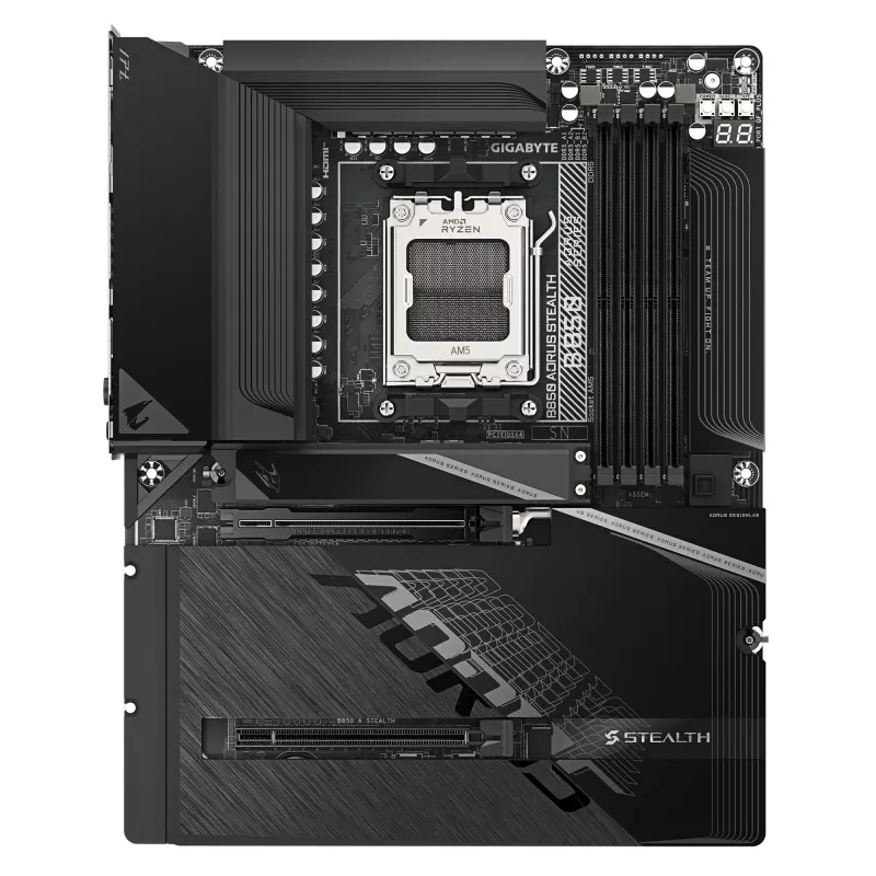 Pagrindinė plokštė GIGABYTE B850 AORUS STEALTH — ATX, lizdas AM5, AMD B850, DDR5 iki 8200MHz (OC), 14+2+2 VRM, 2xPCIe5.0, 2xPCIe4.0 M.2, Wi‑Fi 7, 5GbE
