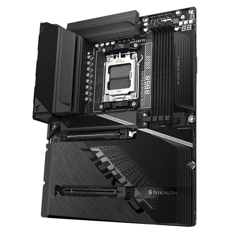 Pagrindinė plokštė GIGABYTE B850 AORUS STEALTH — ATX, lizdas AM5, AMD B850, DDR5 iki 8200MHz (OC), 14+2+2 VRM, 2xPCIe5.0, 2xPCIe4.0 M.2, Wi‑Fi 7, 5GbE