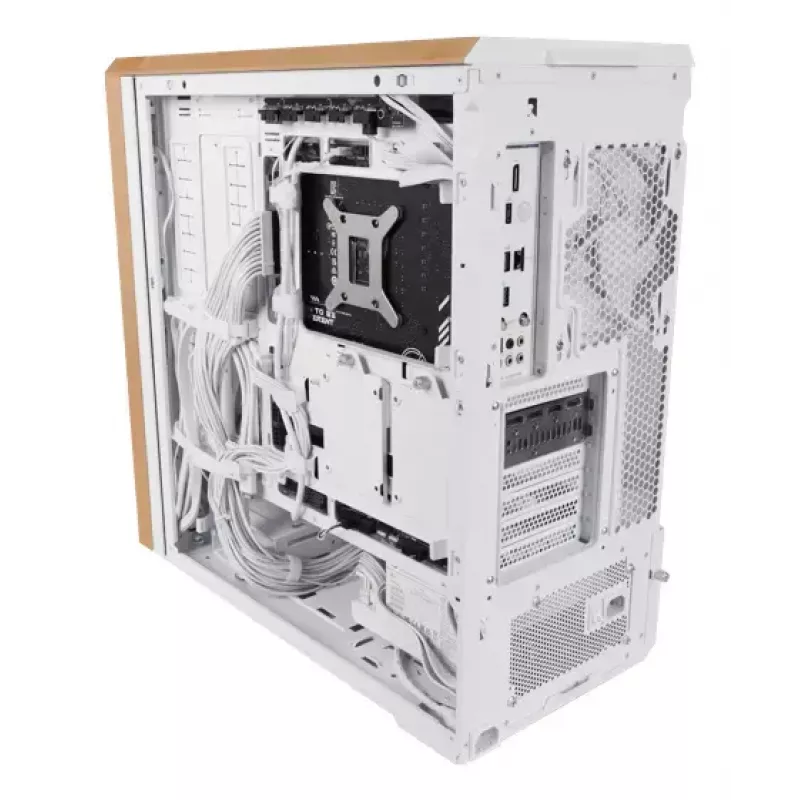 PC korpusas Lian Li Lancool 217 Midi Tower — balta ir medis, palaiko ATX/EATX/Micro-ITX, 2x120 mm priekyje, 1x140 mm gale, 1×3,5 colio + 8×2,5 colio