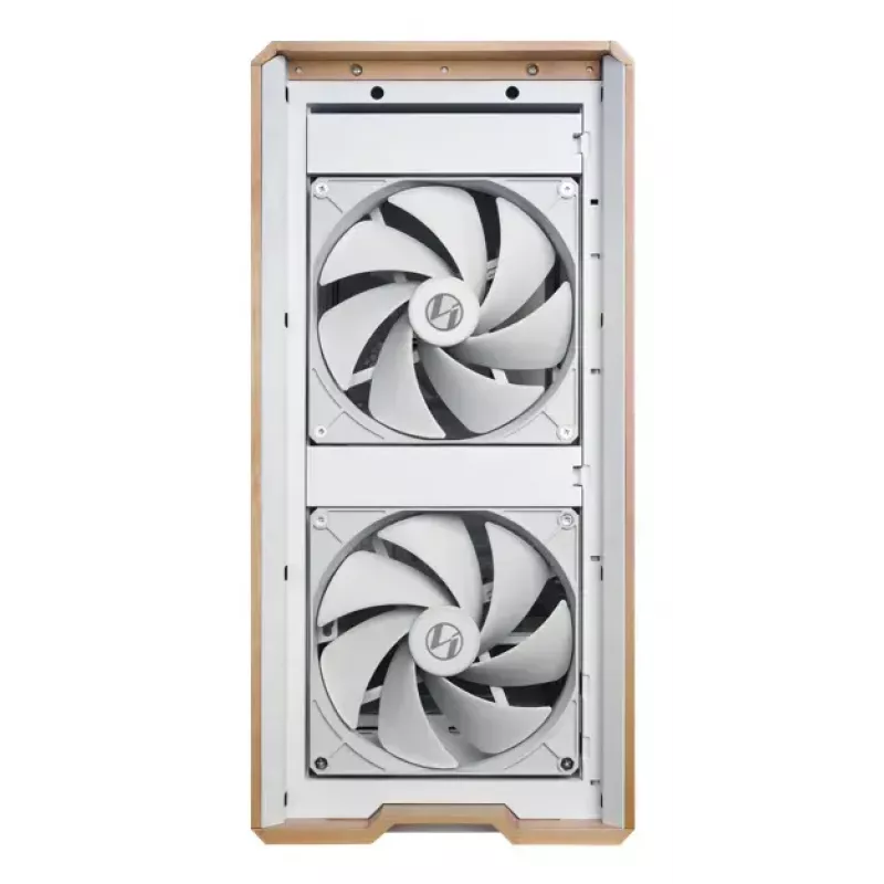 PC korpusas Lian Li Lancool 217 Midi Tower — balta ir medis, palaiko ATX/EATX/Micro-ITX, 2x120 mm priekyje, 1x140 mm gale, 1×3,5 colio + 8×2,5 colio