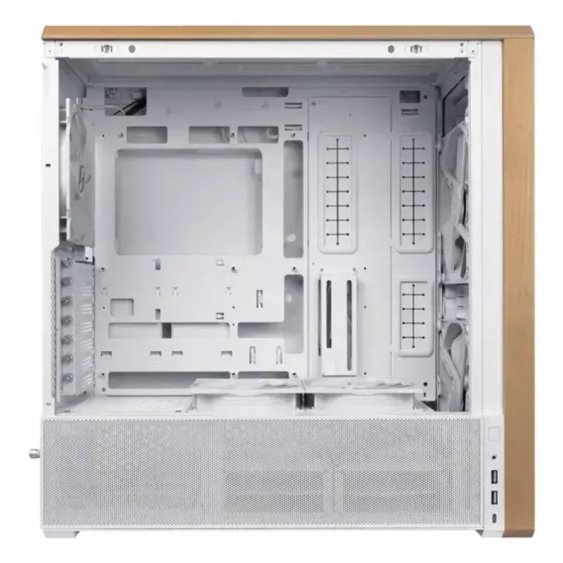 PC korpusas Lian Li Lancool 217 Midi Tower — balta ir medis, palaiko ATX/EATX/Micro-ITX, 2x120 mm priekyje, 1x140 mm gale, 1×3,5 colio + 8×2,5 colio