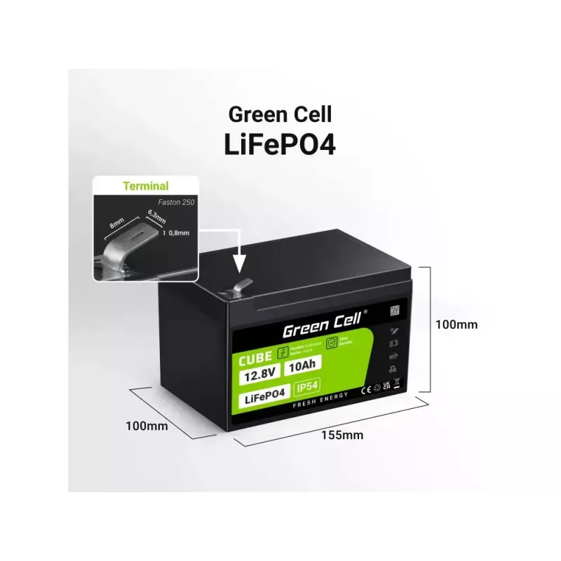 Pramoninė įkraunama baterija Green Cell LFPGC12V10AH 12,8 V 10 Ah LiFePO4, 155x100x100 mm, 2 kg