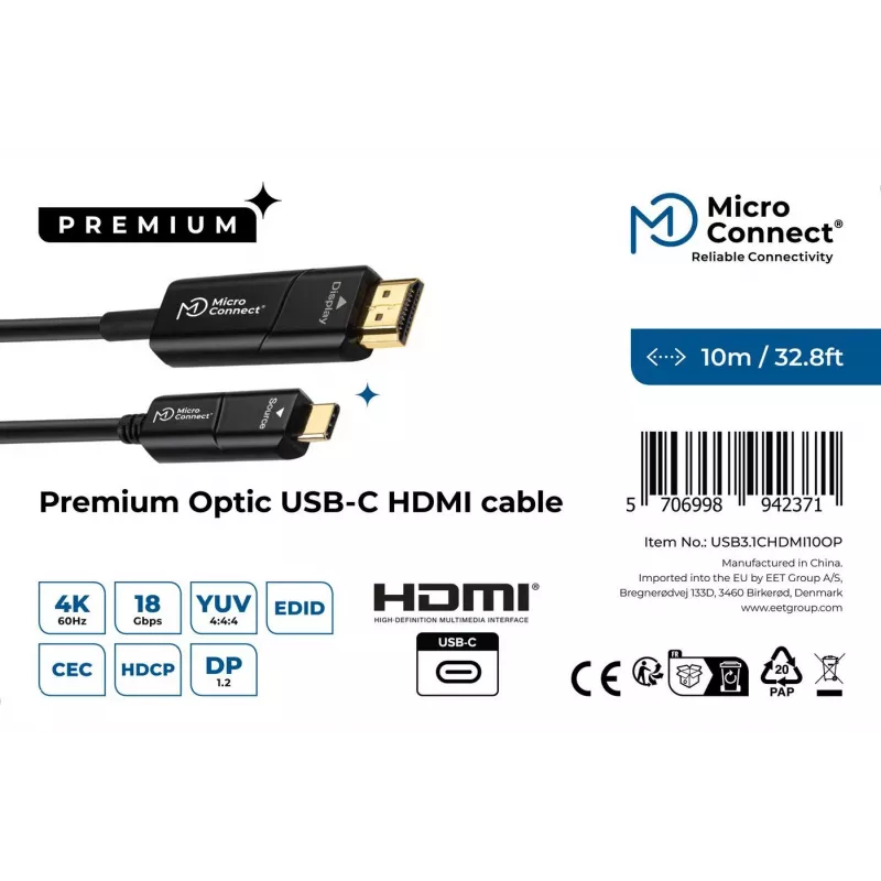 Microconnect USB3.1CHDMI10OP vaizdo kabelio adapteris 10 m USB Type-C HDMI Juoda