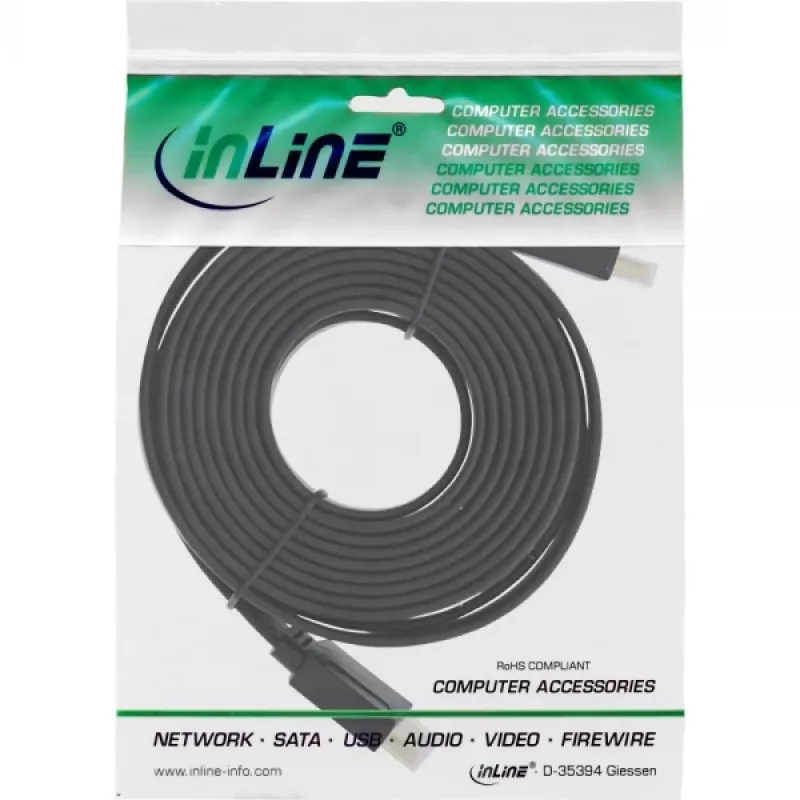 „InLine“ HDMI plokščias laidas, didelės spartos laidas su eternetu, auksuotas, juodas, 5 m