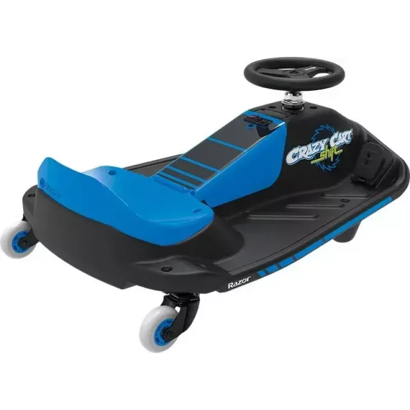 Elektrinis dreifo kartas Razor Crazy Cart Shift — mėlynas, 90 W variklis, 12 V baterija, iki 13 km/val., maks. naudotojo svoris 54 kg
