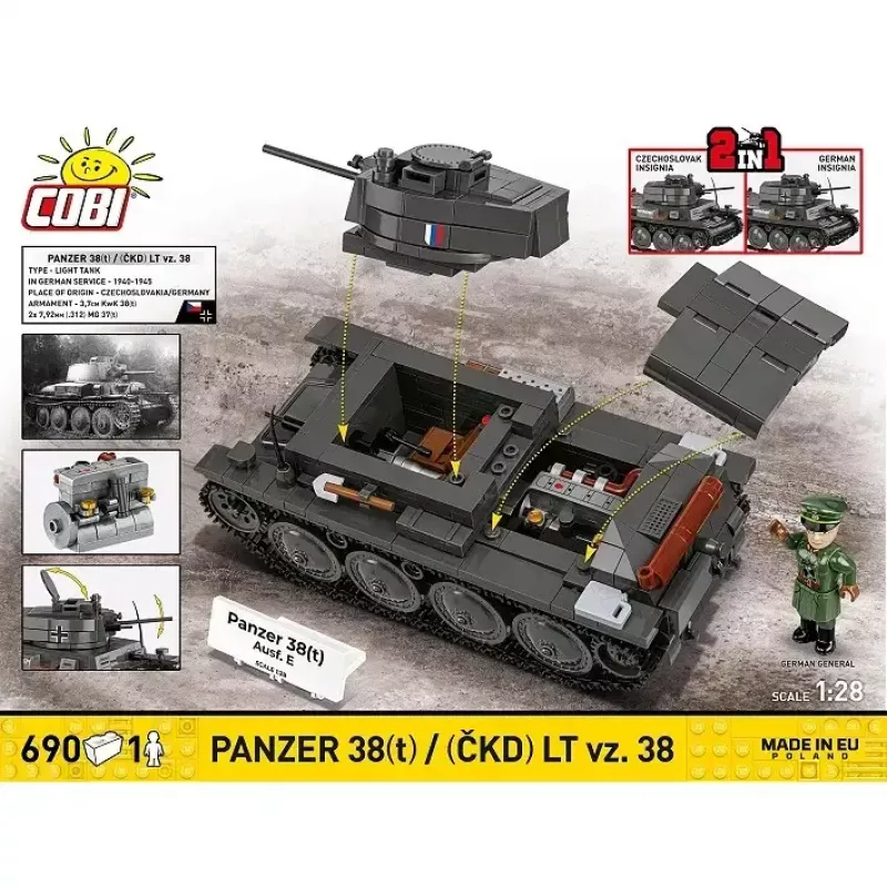 Statybinis rinkinys „Cobi Blocks Panzer 38 VZ.38“ 690 elementų – mastelio modelio konstravimo rinkinys