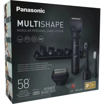 Kelioninis kirpimo aparatas Panasonic X-Shape Travel — mėlynas, ličio jonų baterija, įmontuota, keli priedai (barzdai, kūnui, plaukams, folijinis skutiklis, dantų šepetėlis), 1–30 mm, 196×49×43 mm