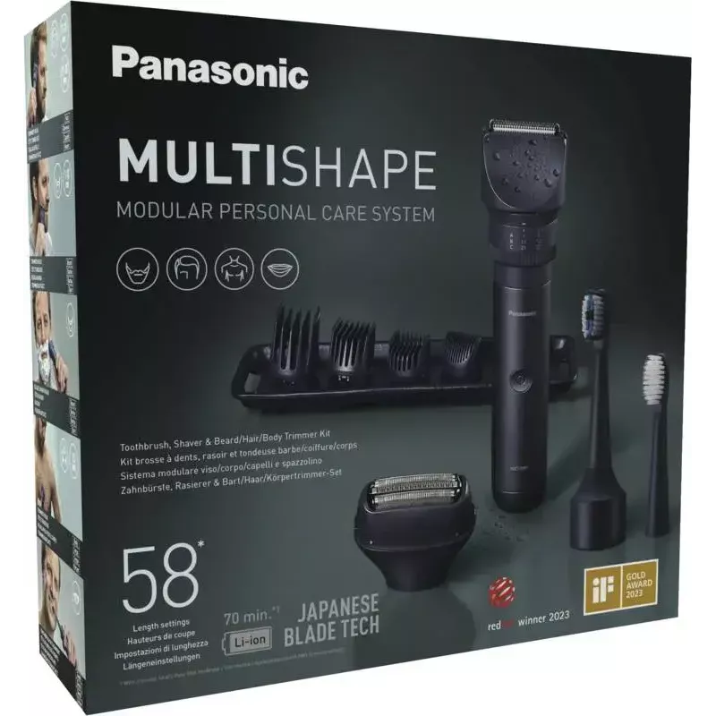 Kelioninis kirpimo aparatas Panasonic X-Shape Travel — mėlynas, ličio jonų baterija, įmontuota, keli priedai (barzdai, kūnui, plaukams, folijinis skutiklis, dantų šepetėlis), 1–30 mm, 196×49×43 mm