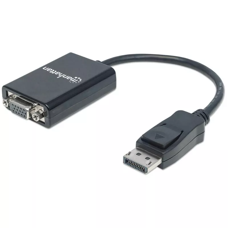 Manhattan DisplayPort į VGA HD15 keitiklio kabelis, 15 cm, kištukas į lizdą, aktyvus, DP su fiksatoriumi, juodas, garantija visam eksploatavimo laikui, atitinka DP2VGA2.