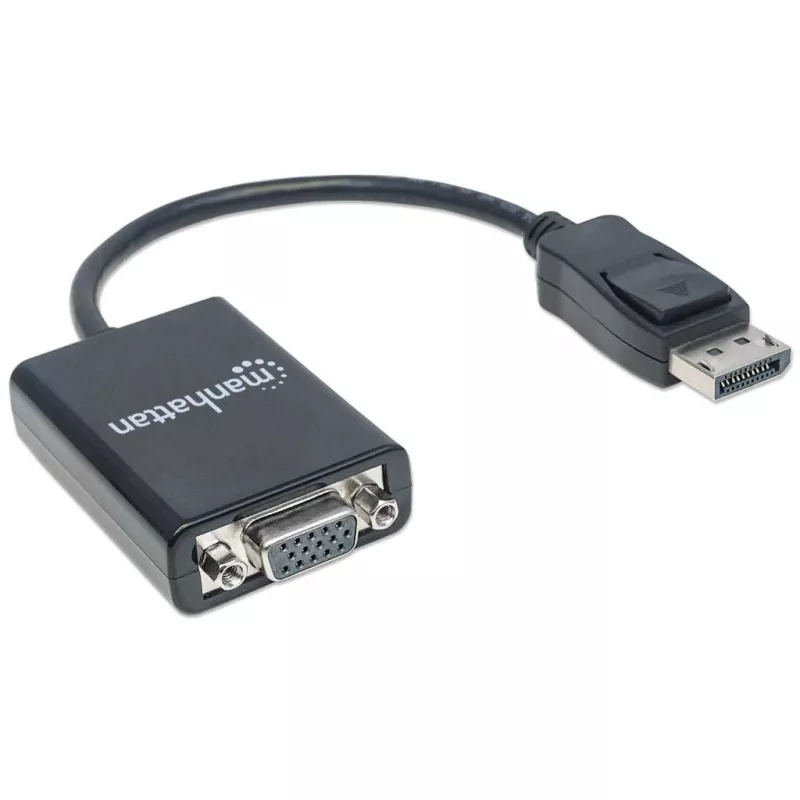 Manhattan DisplayPort į VGA HD15 keitiklio kabelis, 15 cm, kištukas į lizdą, aktyvus, DP su fiksatoriumi, juodas, garantija visam eksploatavimo laikui, atitinka DP2VGA2.