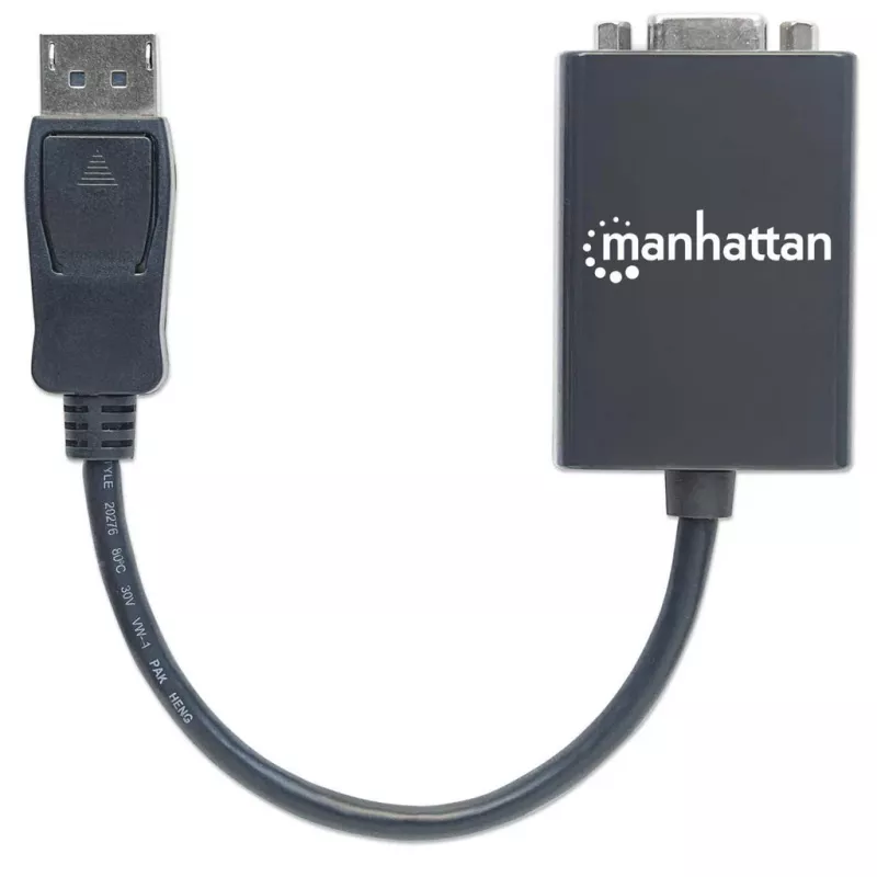 Manhattan DisplayPort į VGA HD15 keitiklio kabelis, 15 cm, kištukas į lizdą, aktyvus, DP su fiksatoriumi, juodas, garantija visam eksploatavimo laikui, atitinka DP2VGA2.