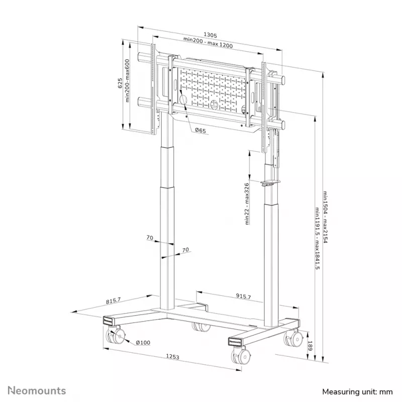 TV vežimėlis Neomounts FL55-975BL1 motorizuotas 75–115 colių ekranams, plieninis, juodas, maks. 160 kg, aukštis 2154 mm