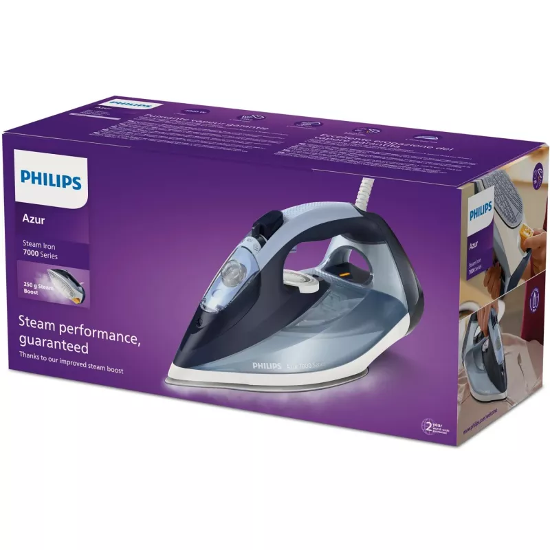 Garinis lygintuvas Philips DST7020/20 — 2800 W, SteamGlide Plus padas, 50 g/min nuolatinis, 250 g/min garų smūgis, 0,3 L bakelis, mėlynas