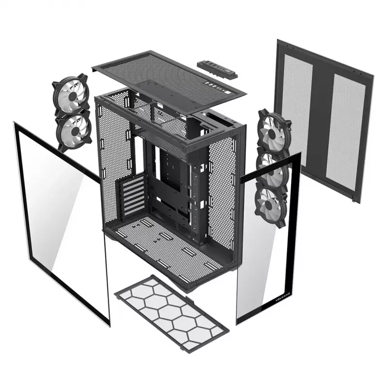 Full-tower PC korpusas MODECOM Volcano SPACE XL ARGB — Full Tower, E-ATX palaikymas, grūdintas stiklas, ARGB, iki 440 mm GPU