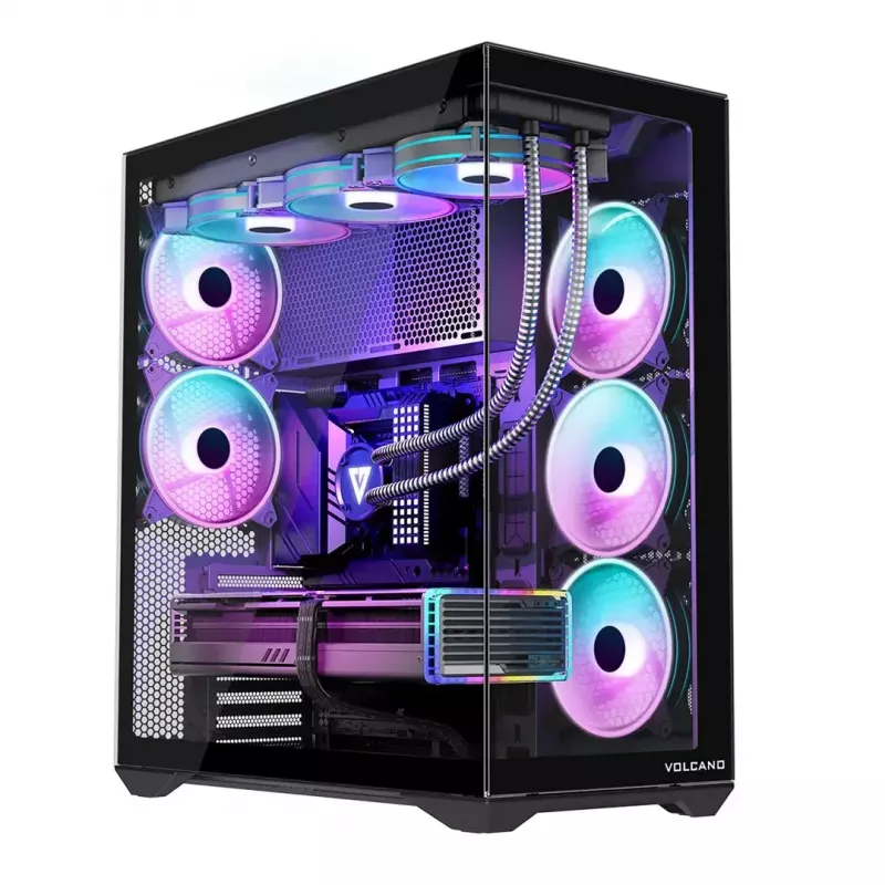 Full-Tower PC korpusas MODECOM Volcano SPACE XL NF — juodas, grūdintas stiklas, ARGB, palaiko micro-ATX, iki 44 cm GPU, 3×3,5 colio/4×2,5 colio nišos, USB-A 2×, USB-C 1×