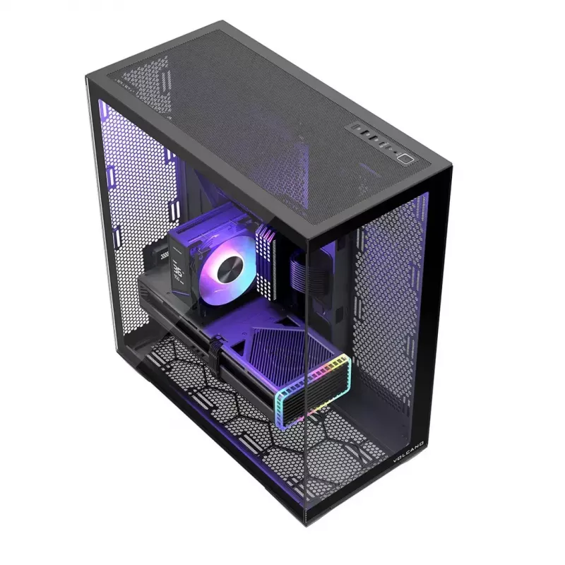 Full-Tower PC korpusas MODECOM Volcano SPACE XL NF — juodas, grūdintas stiklas, ARGB, palaiko micro-ATX, iki 44 cm GPU, 3×3,5 colio/4×2,5 colio nišos, USB-A 2×, USB-C 1×