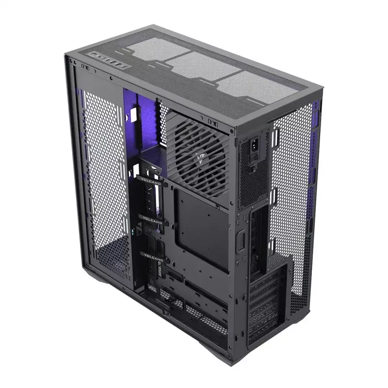 Full-Tower PC korpusas MODECOM Volcano SPACE XL NF — juodas, grūdintas stiklas, ARGB, palaiko micro-ATX, iki 44 cm GPU, 3×3,5 colio/4×2,5 colio nišos, USB-A 2×, USB-C 1×