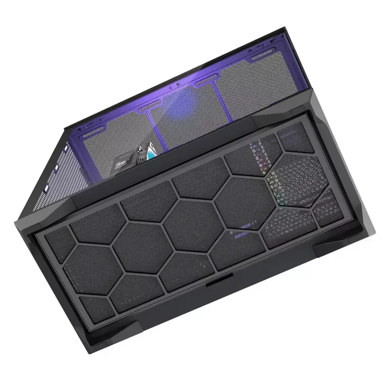 Full-Tower PC korpusas MODECOM Volcano SPACE XL NF — juodas, grūdintas stiklas, ARGB, palaiko micro-ATX, iki 44 cm GPU, 3×3,5 colio/4×2,5 colio nišos, USB-A 2×, USB-C 1×
