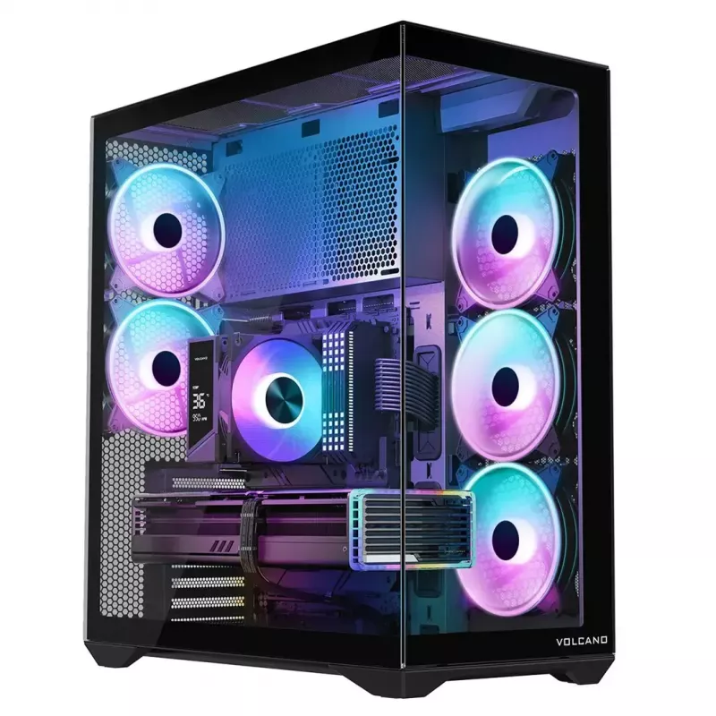 Full-Tower PC korpusas MODECOM Volcano SPACE XL NF — juodas, grūdintas stiklas, ARGB, palaiko micro-ATX, iki 44 cm GPU, 3×3,5 colio/4×2,5 colio nišos, USB-A 2×, USB-C 1×