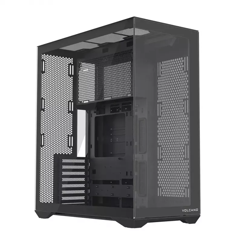 Full-Tower PC korpusas MODECOM Volcano SPACE XL NF — juodas, grūdintas stiklas, ARGB, palaiko micro-ATX, iki 44 cm GPU, 3×3,5 colio/4×2,5 colio nišos, USB-A 2×, USB-C 1×