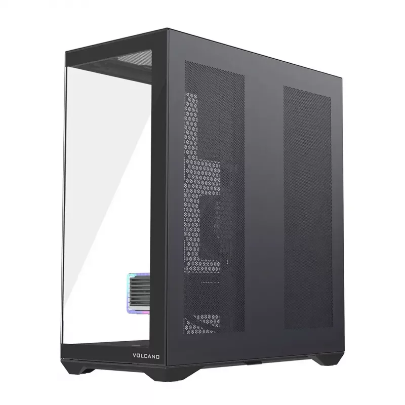 Full-Tower PC korpusas MODECOM Volcano SPACE XL NF — juodas, grūdintas stiklas, ARGB, palaiko micro-ATX, iki 44 cm GPU, 3×3,5 colio/4×2,5 colio nišos, USB-A 2×, USB-C 1×