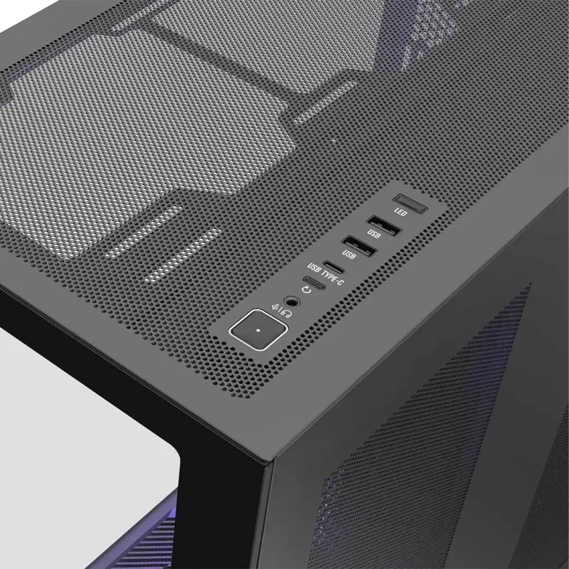 Full-Tower PC korpusas MODECOM Volcano SPACE XL NF — juodas, grūdintas stiklas, ARGB, palaiko micro-ATX, iki 44 cm GPU, 3×3,5 colio/4×2,5 colio nišos, USB-A 2×, USB-C 1×