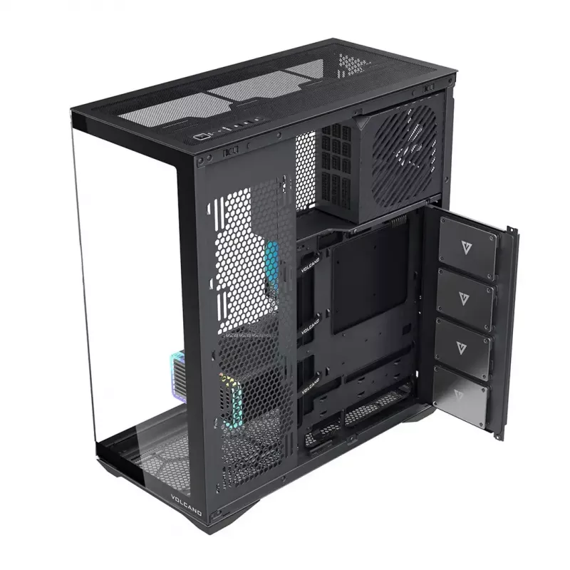 Full-Tower PC korpusas MODECOM Volcano SPACE XL NF — juodas, grūdintas stiklas, ARGB, palaiko micro-ATX, iki 44 cm GPU, 3×3,5 colio/4×2,5 colio nišos, USB-A 2×, USB-C 1×