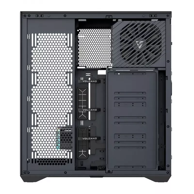 Full-Tower PC korpusas MODECOM Volcano SPACE XL NF — juodas, grūdintas stiklas, ARGB, palaiko micro-ATX, iki 44 cm GPU, 3×3,5 colio/4×2,5 colio nišos, USB-A 2×, USB-C 1×
