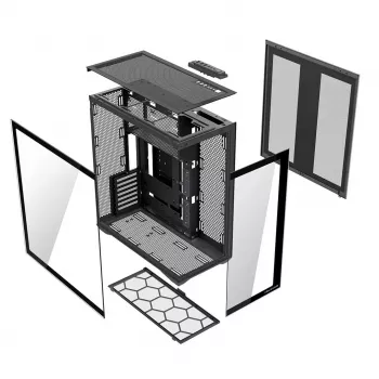 Full-Tower PC korpusas MODECOM Volcano SPACE XL NF — juodas, grūdintas stiklas, ARGB, palaiko micro-ATX, iki 44 cm GPU, 3×3,5 colio/4×2,5 colio nišos, USB-A 2×, USB-C 1×