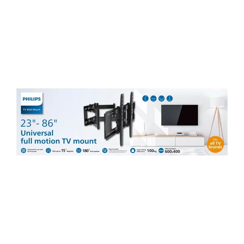 TV grindų stovas Philips SQM9640/00 58,4 cm–2,18 m (23 col.–86 col.), iki 55 kg, VESA 200x100–600x400, pakreipimas ±15°, pasukimas 180° – Juoda