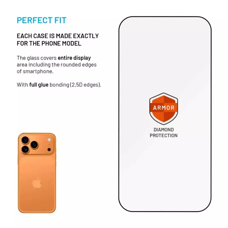 Ekrano apsauga FIXED, skirta Apple iPhone 17 Pro — grūdintas stiklas, juoda, Armor su apsauga nuo dulkių aplikatoriumi ir AR sluoksniu