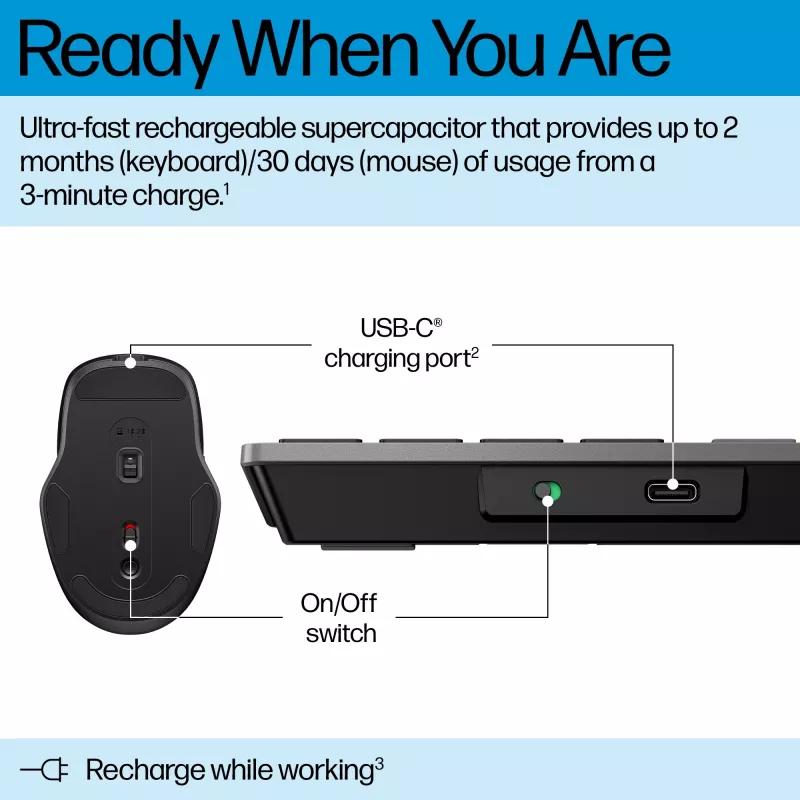 HP 720 kelių įrenginių įkraunama belaidė klaviatūra ir pelės rinkinys