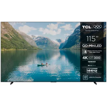 115 colių TCL 115C7K 4K Ultra HD QD‑Mini LED išmanusis televizorius, 3840×2160, 3000 cd/m², PPI 4600, Wi‑Fi, Ethernet, DVB