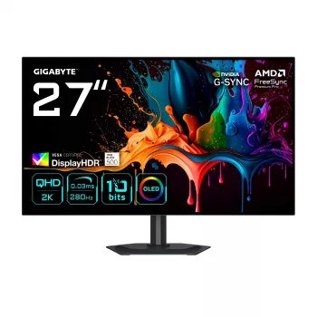 GIGABYTE MO27Q28G 27 colių OLED QHD žaidimų monitorius - 2560 x 1440, 280Hz, 0,03ms, 335 cd/m², Display HDR True Juoda 500, HDMI 2.1, Displayport 1.4