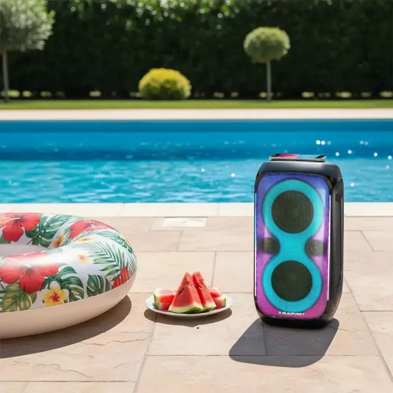 Garsiakalbių sistema BLAUPUNKT PB60X — 120W RMS, Bluetooth A2DP, FM, LED ekranas, 7000mAh baterija, 18 val., AUX, nuotolinis valdymas, 568×322×321 mm