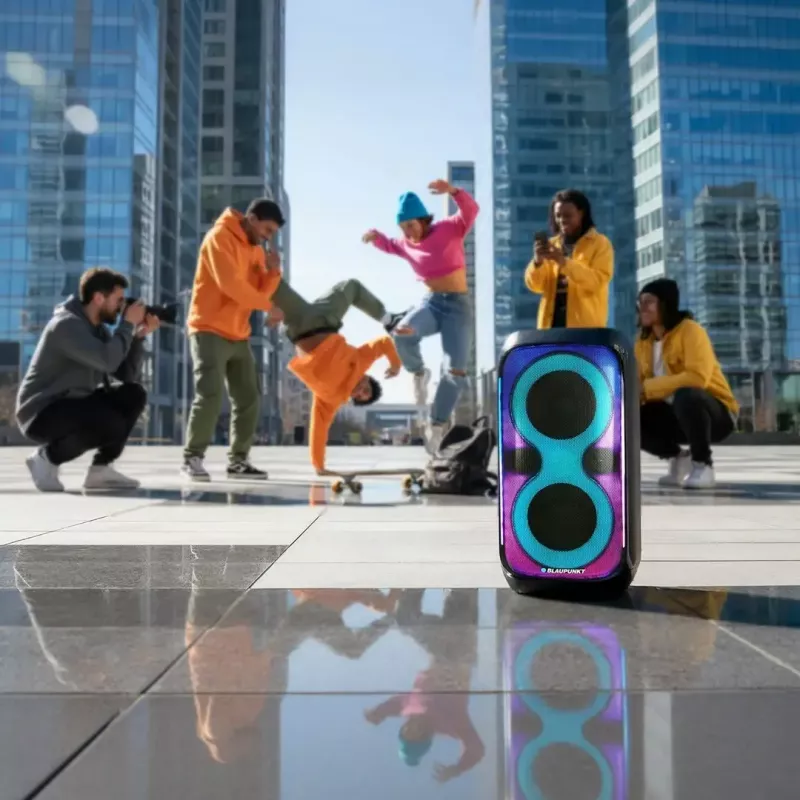Garsiakalbių sistema BLAUPUNKT PB60X — 120W RMS, Bluetooth A2DP, FM, LED ekranas, 7000mAh baterija, 18 val., AUX, nuotolinis valdymas, 568×322×321 mm
