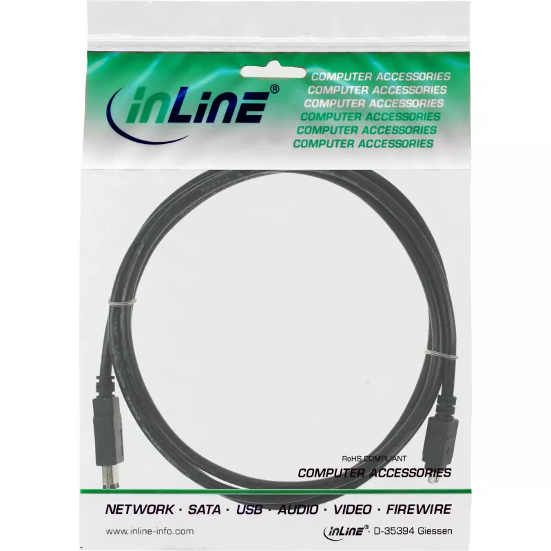 InLine FireWire 400 1394 kabelis 6 prie 4 kaiščių kištukas 1,8 m, juodas, 1,8 m, 6 kaiščių, 4 kaiščių, kištukas/kištukas, 175 mm