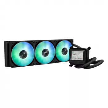 Viskas viename skysčio aušintuvas ASUS MAX GAMING LC 360 ARGB LCD — 360 mm radiatorius, 120 mm ventiliatoriai, palaiko AM4/AM5/LGA1700, juodas