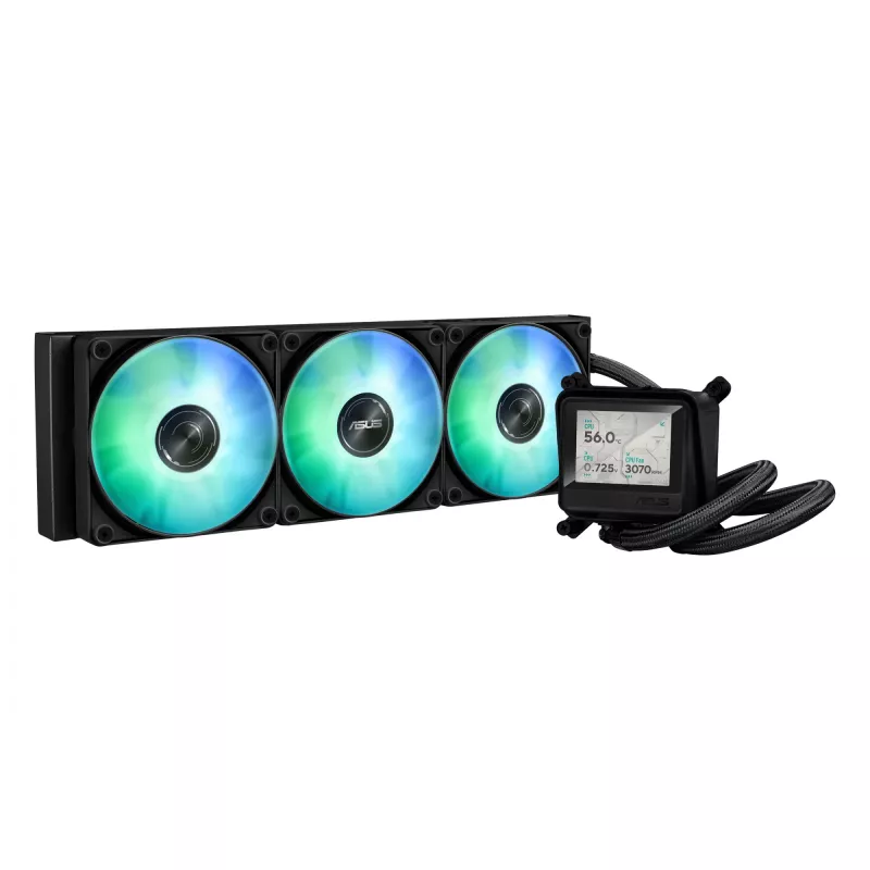 Viskas viename skysčio aušintuvas ASUS MAX GAMING LC 360 ARGB LCD — 360 mm radiatorius, 120 mm ventiliatoriai, palaiko AM4/AM5/LGA1700, juodas