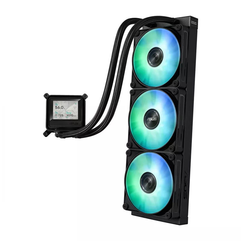 Viskas viename skysčio aušintuvas ASUS MAX GAMING LC 360 ARGB LCD — 360 mm radiatorius, 120 mm ventiliatoriai, palaiko AM4/AM5/LGA1700, juodas
