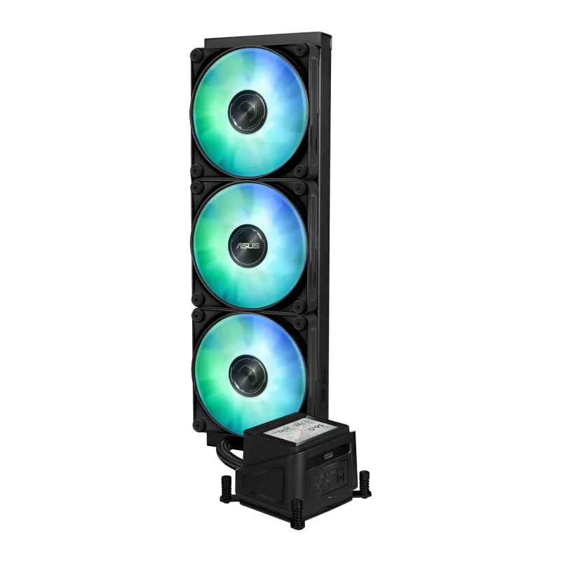 Viskas viename skysčio aušintuvas ASUS MAX GAMING LC 360 ARGB LCD — 360 mm radiatorius, 120 mm ventiliatoriai, palaiko AM4/AM5/LGA1700, juodas