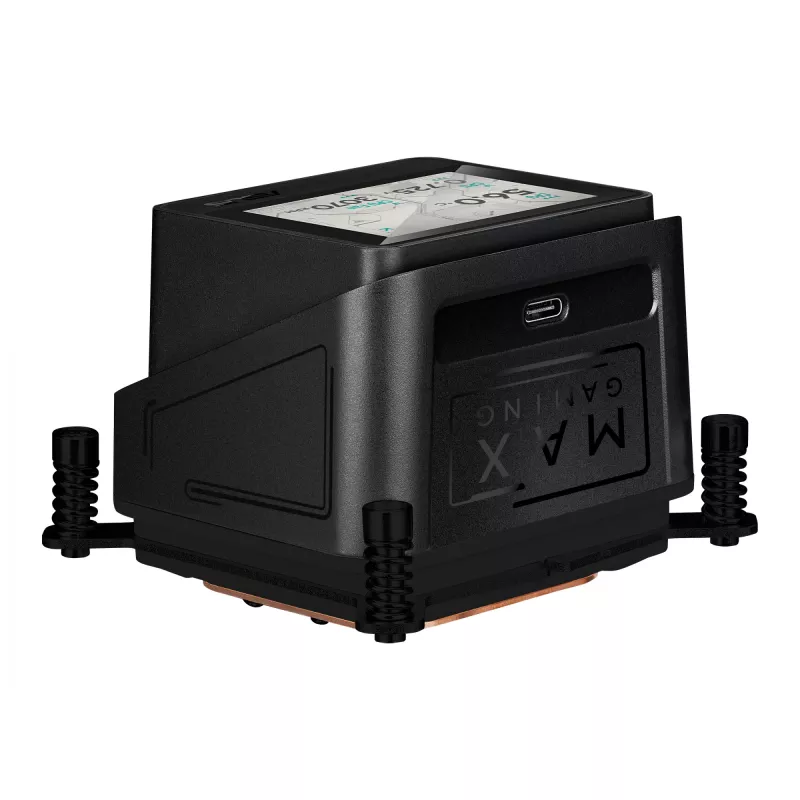 Viskas viename skysčio aušintuvas ASUS MAX GAMING LC 360 ARGB LCD — 360 mm radiatorius, 120 mm ventiliatoriai, palaiko AM4/AM5/LGA1700, juodas