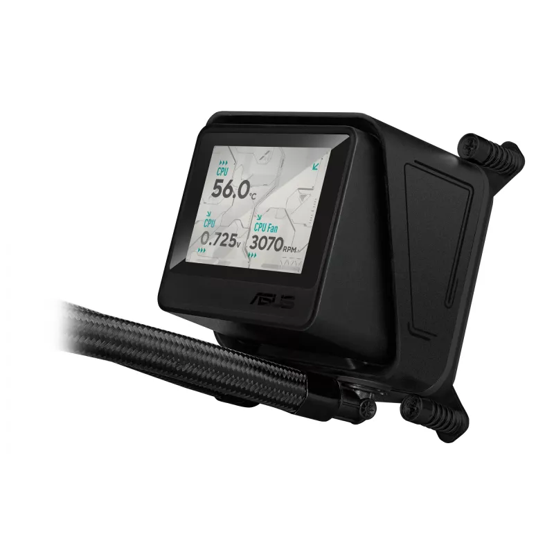 Viskas viename skysčio aušintuvas ASUS MAX GAMING LC 360 ARGB LCD — 360 mm radiatorius, 120 mm ventiliatoriai, palaiko AM4/AM5/LGA1700, juodas