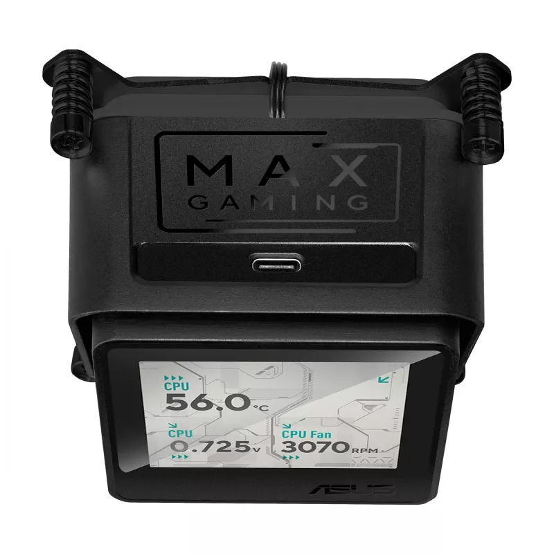 Viskas viename skysčio aušintuvas ASUS MAX GAMING LC 360 ARGB LCD — 360 mm radiatorius, 120 mm ventiliatoriai, palaiko AM4/AM5/LGA1700, juodas