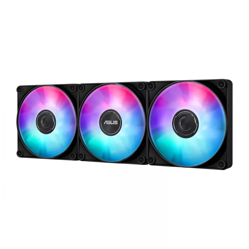Viskas viename skysčio aušintuvas ASUS MAX GAMING LC 360 ARGB LCD — 360 mm radiatorius, 120 mm ventiliatoriai, palaiko AM4/AM5/LGA1700, juodas