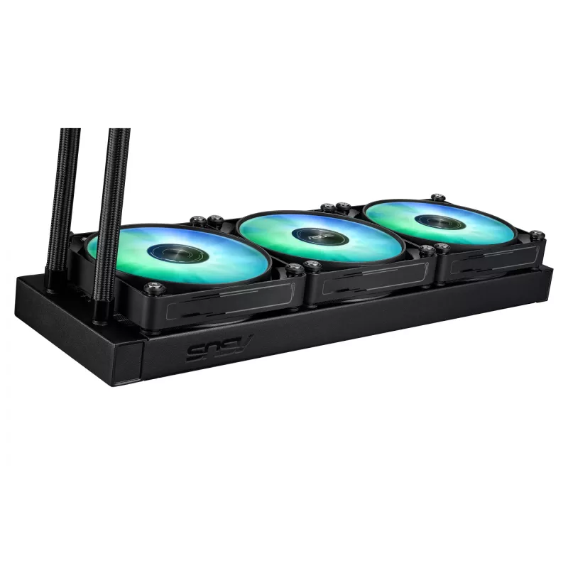 Viskas viename skysčio aušintuvas ASUS MAX GAMING LC 360 ARGB LCD — 360 mm radiatorius, 120 mm ventiliatoriai, palaiko AM4/AM5/LGA1700, juodas