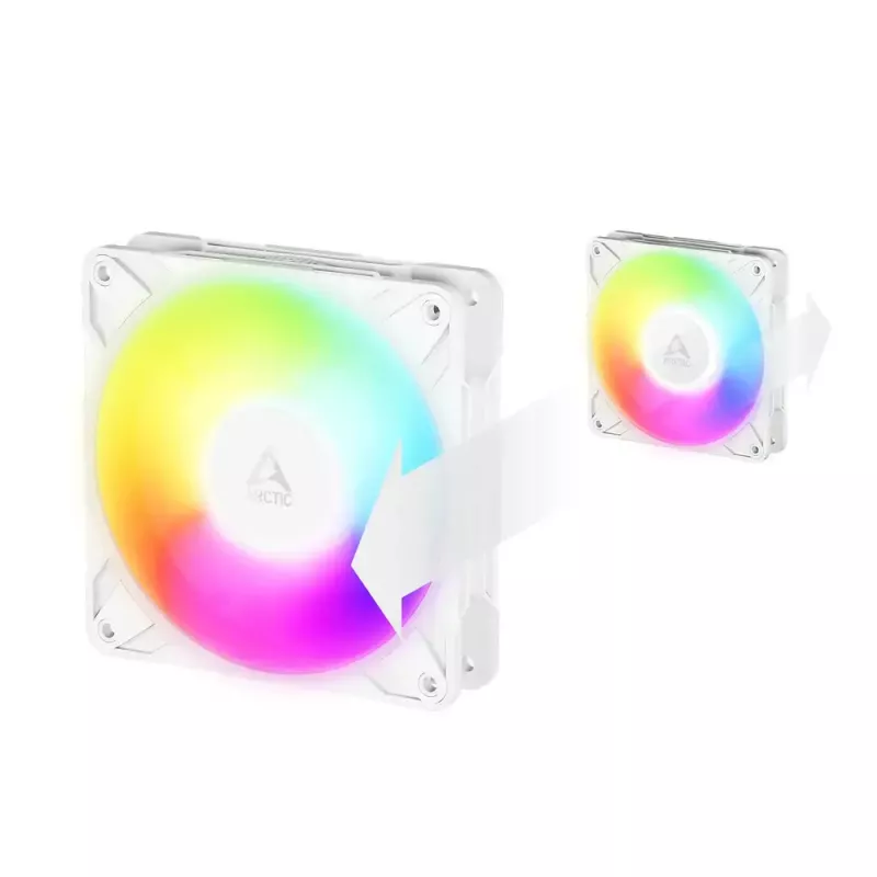 120 mm Arctic Freezer P12 Pro Reverse A-RGB PWM ventiliatorius (balta) — 124 m³/h, FDB, kabelio skirstytuvas