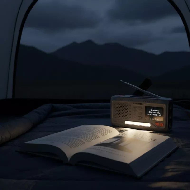Nešiojamasis prisukamas radijas Marmitek RESQ 100 — DAB/DAB+/FM, 3 W, LCD, USB-C, 3,5 mm lizdas, šviesiai pilkas